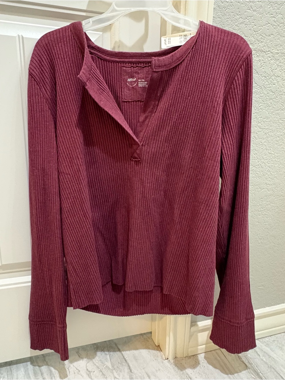 Aerie Ribbed Long-Sleeve Henley Top - maroon/ deep purple color. Size XXL